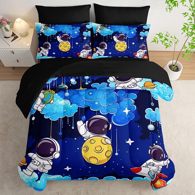7 Piece Blue Queen Comforter Set for Boys Astronaut，Space Themed Queen Bedding Set，(1 Comforter, 1 Flat Sheet, 1 Fitted Sheet, 2 Pillowcase and 2 Pillow Sham)