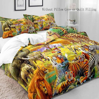 VIVIHOME 3PCS Safari Animal Duvet Cover King Bedding Set, Teens Boys Girls Kids Bedding, Zoo Jungle Tiger Lion Elephant Zebra Giraffe African Wildlife Wild Animal Comforter Quilt Cover, 2 Pillowcases