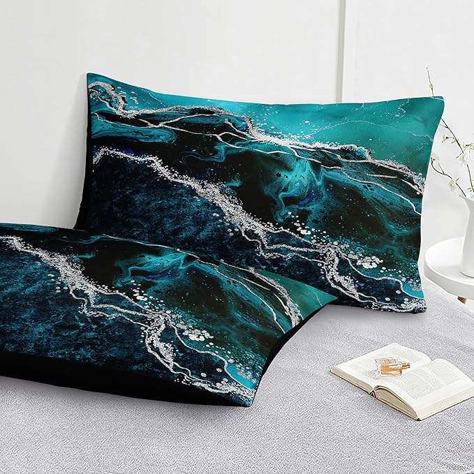 Black Marble Comforter Set 8 Pcs Turquoise Blue Bedding Set Queen Size Bed in A Bag Blue and Black Stone Texture Abstract Room Decor Black Marble Bed Comforter