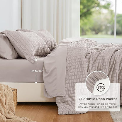 Love's cabin Seersucker Burlwood Twin XL Comforter Set, 5-Piece All Season Lightweight Bed in a Bag Bedding Set with Comforter, Flat Sheet, Fitted Sheet, Pillowcase and Sham | Soft, Lightweight, Breathable