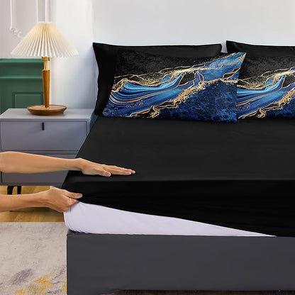 Black Gold Bedding Blue Marble Comforter Set 6 Pieces Twin Bed in a Bag with 1 Black and Blue Comforter, 1Flat Sheet, 1 Fitted Sheet, 2 Pillowcases, 1 Marble Cushion Cover