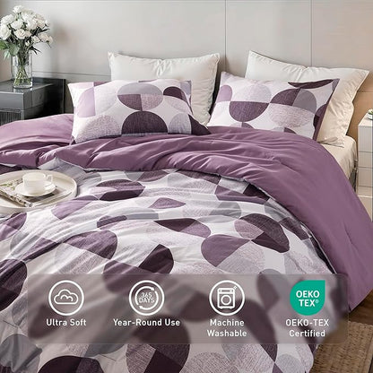Stylish Three-Tone Printed King Size Comforter Set, 3 Pieces Ultra-Soft Microfiber Bedding Set, Warm and Cozy Comforter for All Seasons, Plum Purple & Grey
