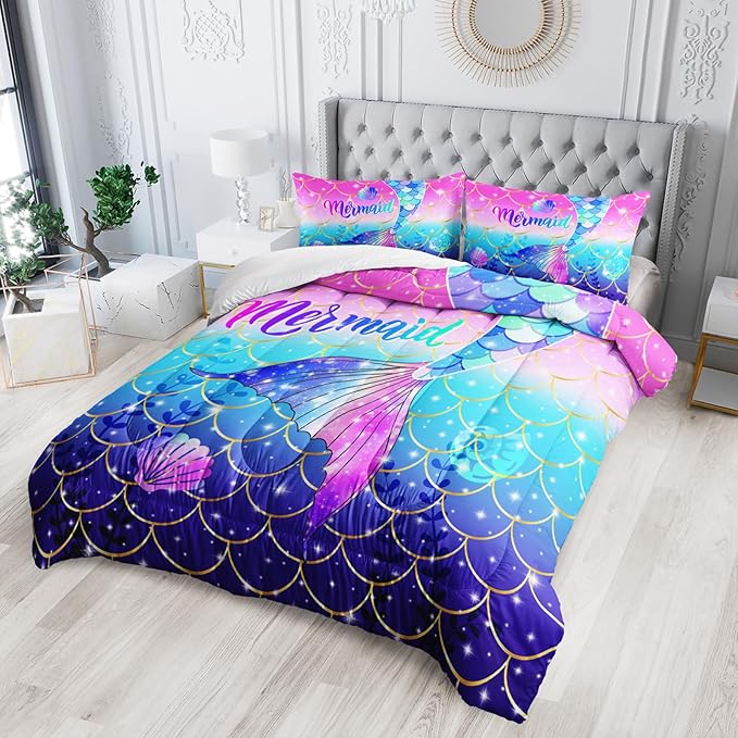 Colorful Mermaid Tail Comforter Sets King Size，Violet Seashells Bedding Sets 3PCS for Kids,Violet Seashells Bedding Sets All Season 1 Comforter and 2 Pillowcases