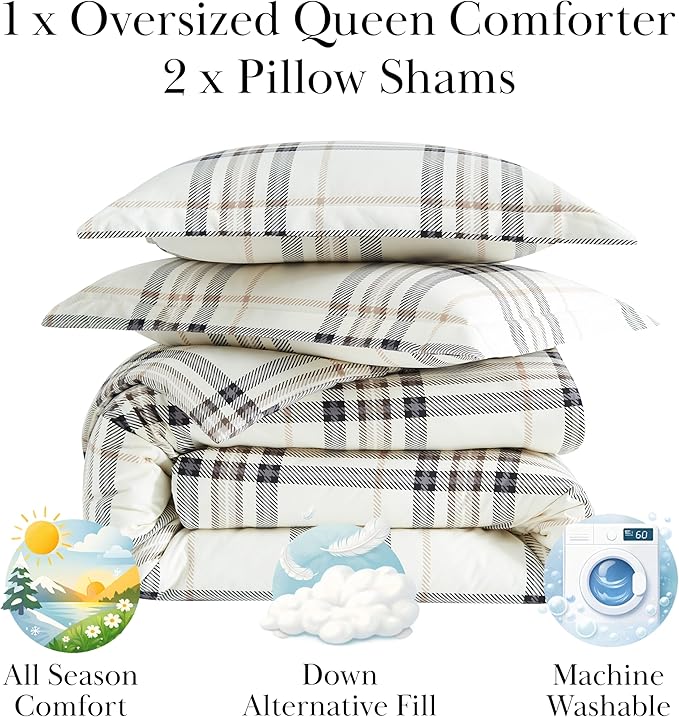 Southshore Fine Living, Inc. 3-Piece Full/Queen Comforter Set with 2 Pillow Shams, Premium Bedding Set, Oversized Down Alternative Lightweight, All Season Comforter Queen Size/Full, Tofu Cream Plaid
