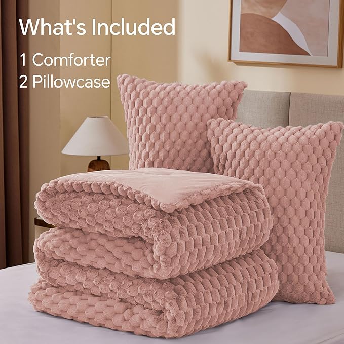 BEDELITE Fluffy Queen Comforter Set - Dusty Pink Fleece Soft Comforter for Queen Size Bed, Luxury Warm Bedding Set for Winter, Fuzzy Bed Set 3 Pieces (1 Comforter, 2 Pillowcases)