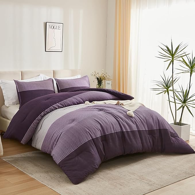 Litanika Purple Comforter Set Super King - 3 Pieces Lightweight Gray Purple Colorblock Stripe Fluffy Bedding Comforter Sets, All Season Bed Set