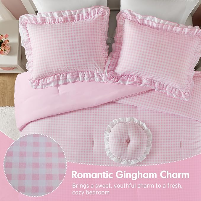 Intelligent Design Rowena Full Comforter Set – Blush Pink Gingham Ruffled Bedding, Vintage Farmhouse Style, Reversible All Season 4-Piece Bedding Set, Full/Queen, Gift for Her