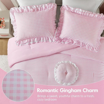 Intelligent Design Rowena Full Comforter Set – Blush Pink Gingham Ruffled Bedding, Vintage Farmhouse Style, Reversible All Season 4-Piece Bedding Set, Full/Queen, Gift for Her