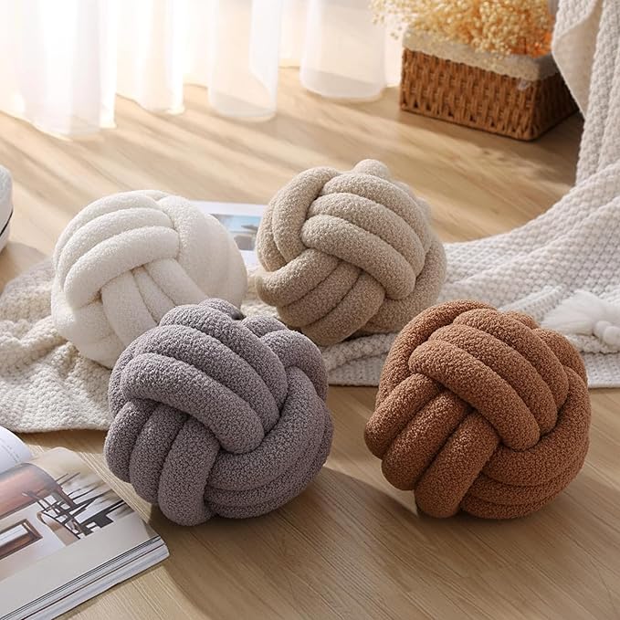 4 Pcs Knot Pillow Ball Soft Sherpa Throw Pillow 8.6'' Decorative Round Accent Pillows Aesthetic Decor Handmade Cushion for Home Couch Bed Sofa Chair(Soft)