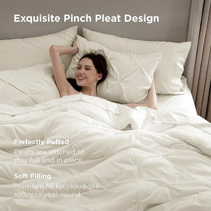 Bedsure King Size Comforter Set Ivory - Bed in a Bag Bedding Set 7 Pieces, GentleSoft™ Pintuck Bed Set Gift for Family, Pinch Pleat Ivory Comforter with Sheets, Pillowcases & Shams