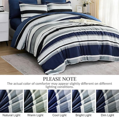 WONGS BEDDING Comforter California King Size, Navy Blue Striped Cal King Comforter Set, 7 Pieces Bed in a Bag Soft Bedding Set with Comforter, Flat Sheet, Fitted Sheet, Pillow Shams, Pillowcase