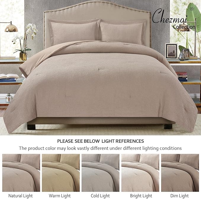 Chezmoi Collection Wilmer 3-Piece Waffle Weave Comforter Set - Soft and Cozy All Season Bedding Set, King, Ivory Cream