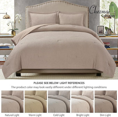 Chezmoi Collection Wilmer 3-Piece Waffle Weave Comforter Set - Soft and Cozy All Season Bedding Set, Queen, Ivory Cream