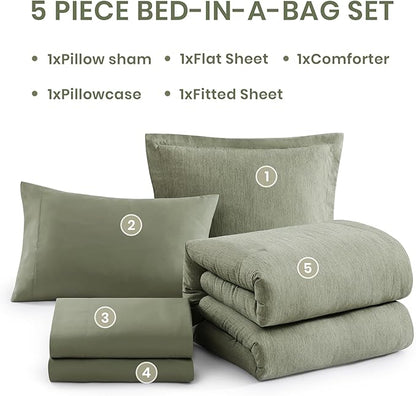 Monbix Twin XL Comforter Set Sage Green, Cationic Dyeing Bedding Set Reversible 5 Pieces, All Season Bed in a Bag with Comforter, Sheets, Pillowcase & Sham