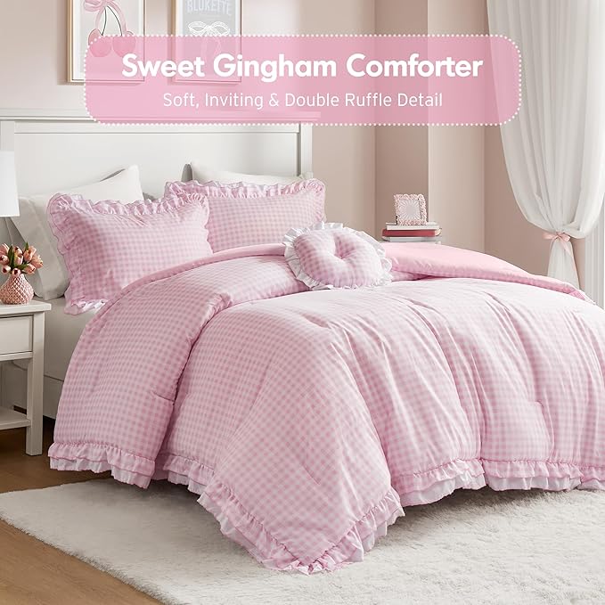 Intelligent Design Rowena Full Comforter Set – Blush Pink Gingham Ruffled Bedding, Vintage Farmhouse Style, Reversible All Season 4-Piece Bedding Set, Full/Queen, Gift for Her