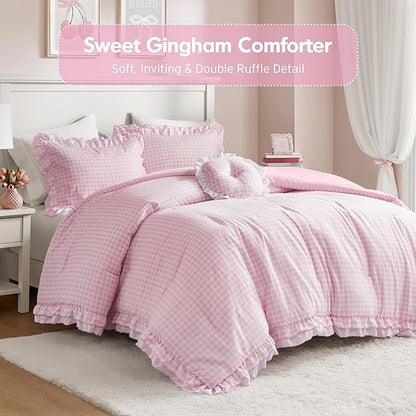 Intelligent Design Rowena Full Comforter Set – Blush Pink Gingham Ruffled Bedding, Vintage Farmhouse Style, Reversible All Season 4-Piece Bedding Set, Full/Queen, Gift for Her