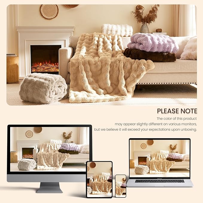 L'AGRATY Faux Rabbit Fur Blanket: 90" x 90" Queen Luxury Soft Fluffy Thick Fur Throw Blanket for Couch Bed Sofa - Cozy Plush Bubble Blankets for Winter: Flannel Fleece Decorative Blanket(Castle Grey)
