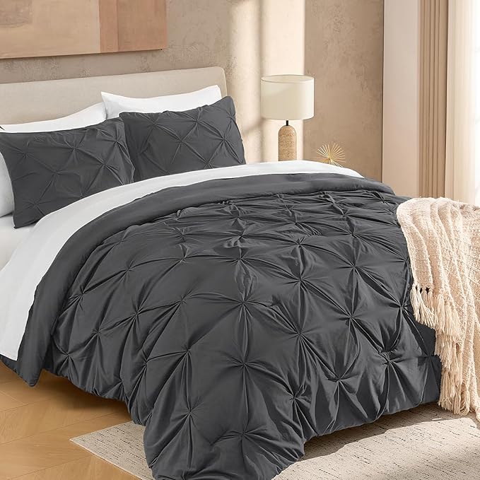 Andency Dark Grey Pinch Pleat Comforter Full(79x90Inch), 3 Pieces(1 Down Alternative Comforter and 2 Pillowcases) Grey Bed Set Microfiber Pintuck Bedding Set