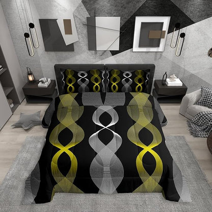 Erosebridal Black and Yellow Striped Queen Comforter Set, Modern Boho Abstract Stripes Bedding Set for Women Men Bedroom, Contemporary Geometric Lines Comforter, Gradient Aesthetic Stripe Quilt