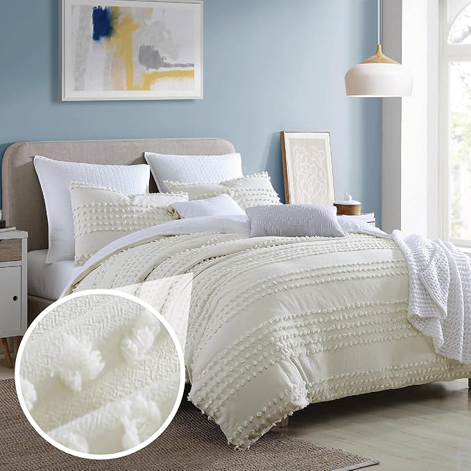 Swift Home Marilla 100% Cotton Prewashed Yarn-Dyed Dobby Clip Dot 5-Piece Bedding Comforter Set, All Season & Breathable, Oeko-TEX Certified – Ivory, Full/Queen