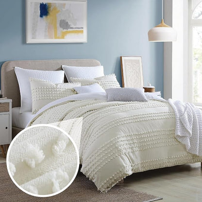 Swift Home Marilla 100% Cotton Prewashed Yarn-Dyed Dobby Clip Dot 5-Piece Bedding Comforter Set, All Season & Breathable, Oeko-TEX Certified – Ivory, Full/Queen