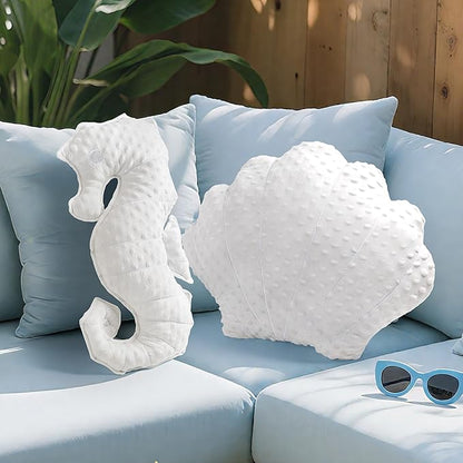AELS Coastal Throw Pillows Set of 2, Shell Seahors Pillows, Beach Ocean Nautical Themed Smooth Soft Minky Decorative Throw Pillows, Cute Pillow for Couch Sofa Bed Living Room Bedroom Nursery, White