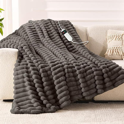 Heated Blanket Electric Throw 50″x60 ″Inch - Thick Striped Flannel Electric Blanket,10 Heating Levels, 1-12 Hours Auto Off, Fast Heating Heating Blanket with Overheat Protection.
