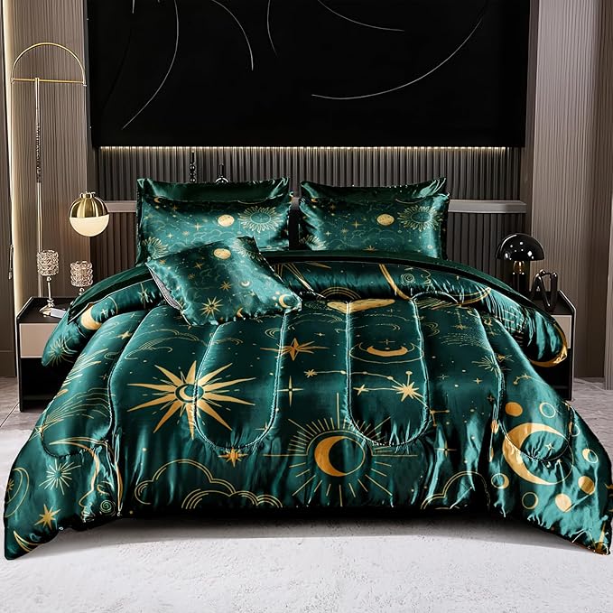 Sun and Moon Comforter Set Blue Green Satin Bedding Queen Stars Cloud Galaxy Comforter Mysterious Celestial Theme Silk Like Silky Bed in A Bag with Comforter and Sheets