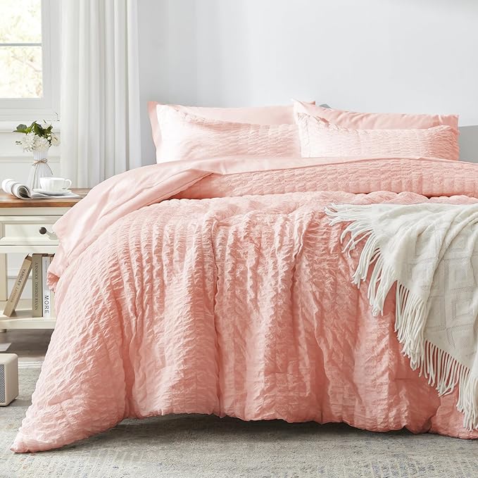 Zzlpp King Comforter Set 7 Pieces, Pink Seersucker Bed in a Bag with Comforter and Sheets, All Season Bedding Sets with 1 Comforter, 2 Pillow Shams, 2 Pillowcases, 1 Flat Sheet