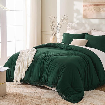 Andency Comforter Oversized King Dark Green 120x98, 3 Pieces Boho Winter Lightweight Bedding Comforter Sets, All Season Tassel Bed Set (1 Comforter & 2 Pillowcases)