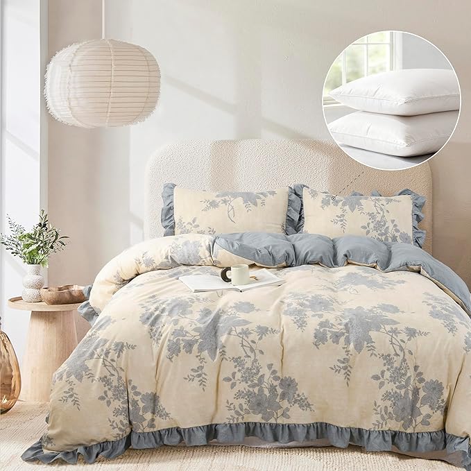 Oli Anderson 5 Piece Floral Comforter Set, Vintage Botanical Print Bedding Set, Farmhouse Lightweight Cottagecore Bed in a Bag with 1 Ruffle Flowers Comforter, 2 Pillowcases, 2 Pillows (Blue, King)