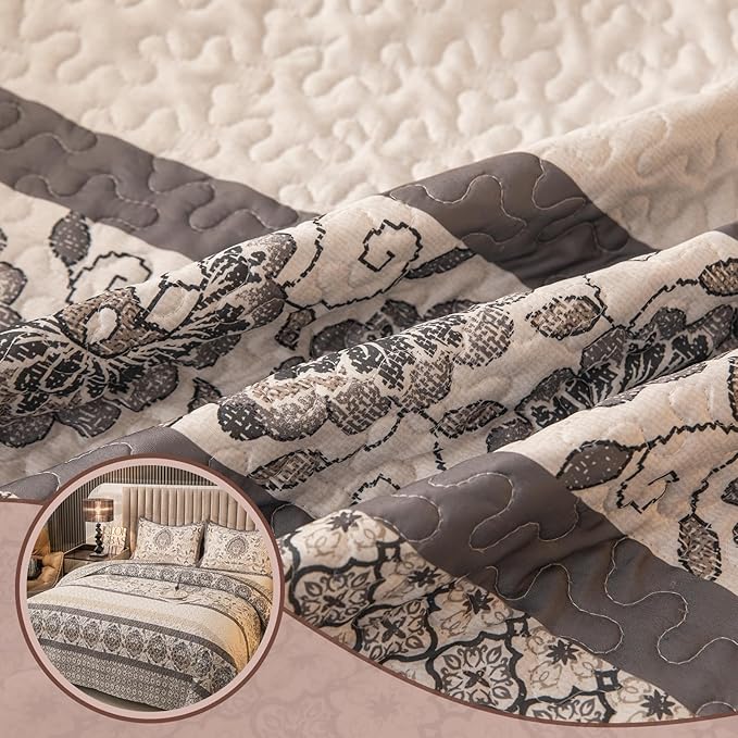 Nordic Style King Size Quilt Comforter Bedding Set -3 Pieces Red Quilts (1 Quilt, 2 Pillow Shams) Bedding Set, All Season Lightweight Bedspreads Sleep Companion(Grey)