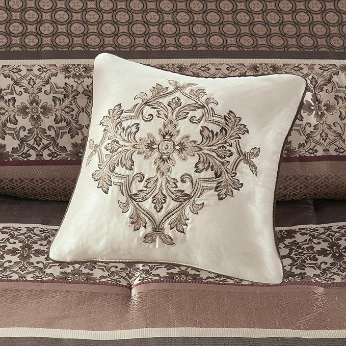Madison Park Princeton Cozy Comforter Set - Luxurious Jaquard Traditional Damask Design, All Season Down Alternative Bedding with Matching Shams, Decorative Pillow, King(104"x92"), Red 7 Piece
