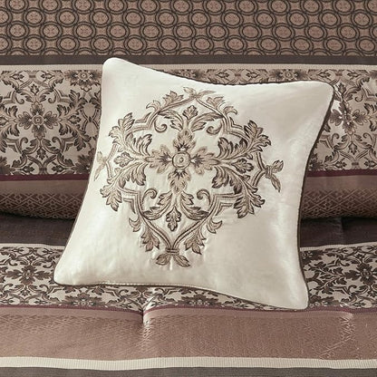 Madison Park Princeton Cozy Comforter Set - Luxurious Jaquard Traditional Damask Design, All Season Down Alternative Bedding with Matching Shams, Decorative Pillow, King(104"x92"), Red 7 Piece