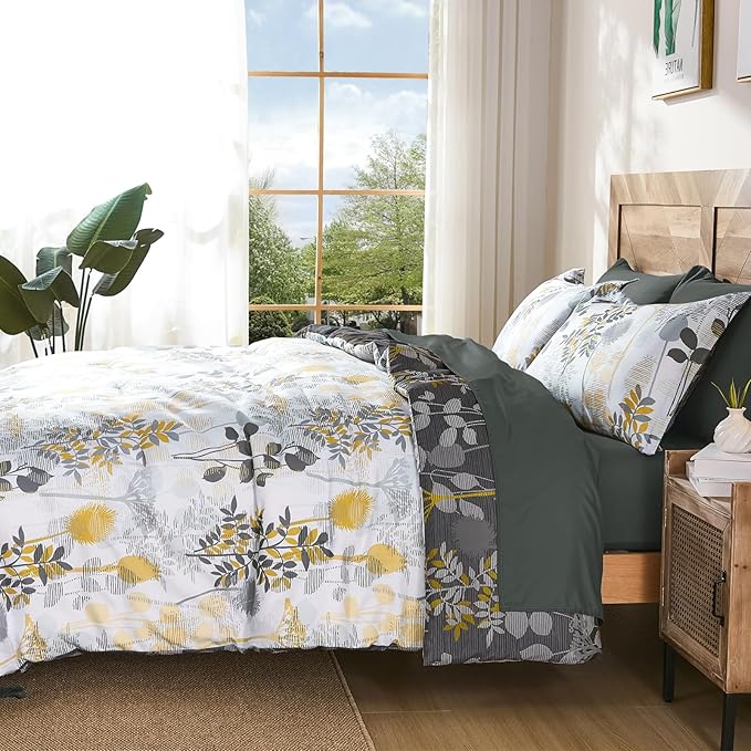 Anibedding 7Pieces King Size Comforter Set, Grey Botanical Bed in a Bag Complete Set with Sheet Pillowcase for Bedroom All Season