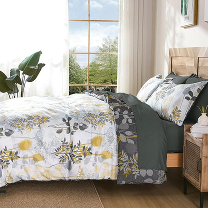 Anibedding 7Pieces King Size Comforter Set, Grey Botanical Bed in a Bag Complete Set with Sheet Pillowcase for Bedroom All Season