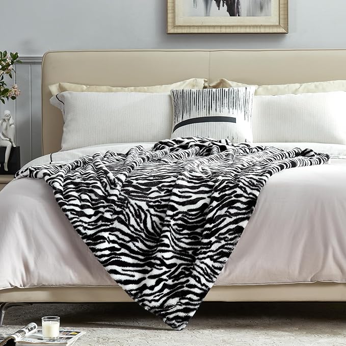 JONIYEAR Fuzzy Zebra Print Faux Rabbit Fur Blanket Twin Size 60" x 70",Double Sided Soft Thick Warm Shaagy Fluffy Blankets for Winter, Oversized Cozy Plush Animal Blanket for Women, White and Black