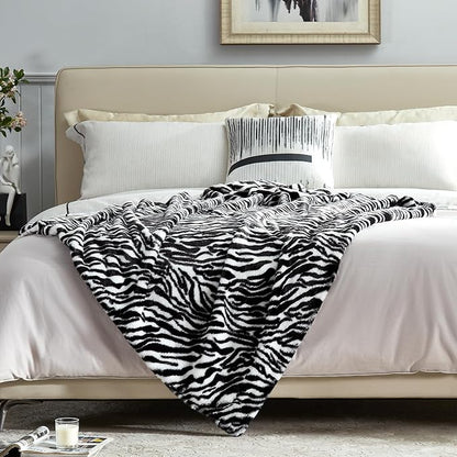 JONIYEAR Fuzzy Zebra Print Faux Rabbit Fur Blanket Twin Size 60" x 70",Double Sided Soft Thick Warm Shaagy Fluffy Blankets for Winter, Oversized Cozy Plush Animal Blanket for Women, White and Black
