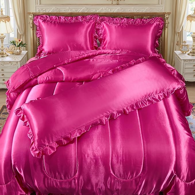 Hot Pink Queen Comforter Set Silk Like Satin Bedding Set 4 Pcs Hotel Soft Polyester Satin Bed Set Luxury Silky Body Pillow Cover Ruffle Down Comforter Home Decor