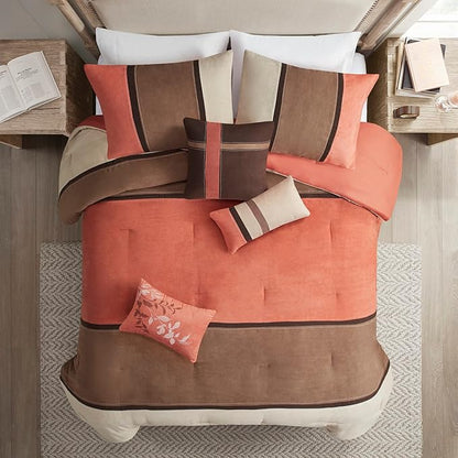 Madison Park Palisades Comforter Set Modern Faux Suede Pieced Stripe Design, All Season Down Alternative Cozy Bedding with Matching Shams, Decorative Pillows, Cal King(104"x92"), Coral 7 Piece