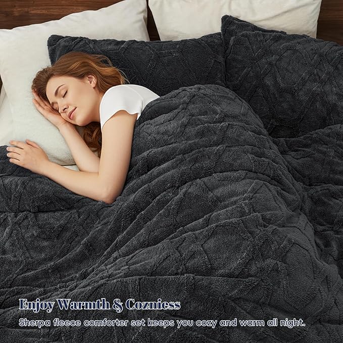 PHF Warm Sherpa Fleece Queen Comforter Set, 3D Tufted Fluffy Dark Grey Bedding for Winter, Soft 3 Pieces Shaggy Bed Set, 1 Comforter (90"x90") and 2 Pillowcases (20"x26")