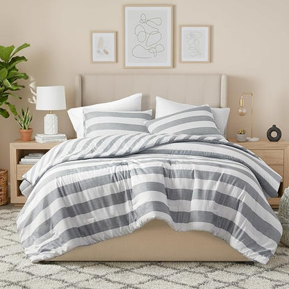 Reversible Striped Queen Comforter Set, Soft Microfiber Bedding Set with Double-Sided Stripes Design, Warm & Cozy for All-Seasons, 3-Piece Comforter and Shams Set Queen Size, Grey