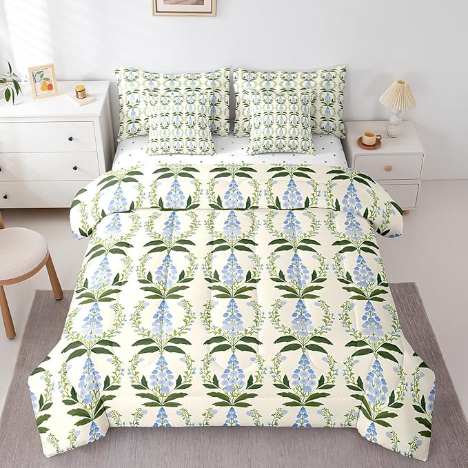 Feelyou Girls Vintage Flower Comforter Set with Sheets King Size 7 Pieces Kids Romantic Florals Pattern Bedding Set for Boys Women Teens Botanical Nature Garden Theme Bed in a Bag Room Decor