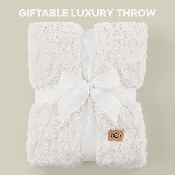 UGG Adalee Faux Fur Throw Blanket Luxury Lightweight Cozy Soft Throw for Couch Bed or Chair Hypoallergenic Machine Washable Double-Sided Fluffy Blanket Home Decor, 50-inch x 70-inch, Natural White