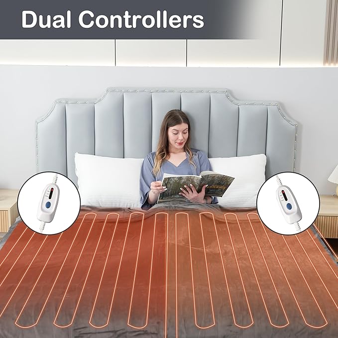 Electric Heated Blanket Queen Size 84"x90", Soft Plush Microplush for Bed, Dual Controllers & Heating Zones, 10 Hs Auto Off & 4 Heating Levels, Machine Washable, Gifts for Family-Light Gray