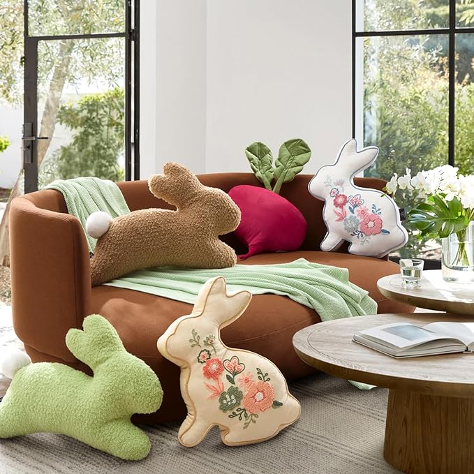 Phantoscope Happy Easter Bunny Shaped Throw Pillow, Embroidered Floral Patterns Cushion Soft Velvet Easter Rabbit Decorative Pillow for Couch Living Room Bed, Beige,18.5 x 13 inches
