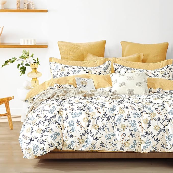 Yellow Floral Cotton Comforter Queen Size - Refreshing Design with Blue, Orange & Slate Gray Botanical Pattern on Off White,3PC Lightweight Bedding Set with Ultra-Soft Alternative Fill (Queen)