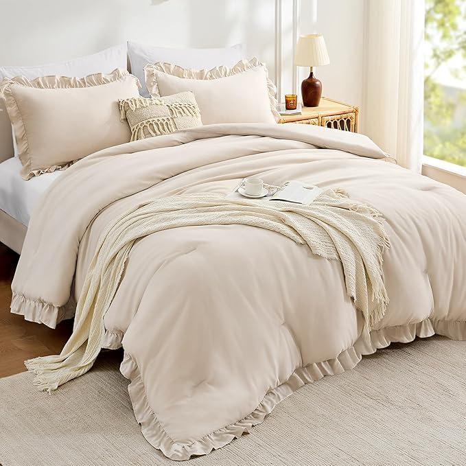 FUANNA King Size Comforter Set Beige, 3 Pieces Ruffle King Bedding Set, Fluffy Farmhouse Bed in a Bag King with 1 Lightweight Comforter & 2 Pillowshams