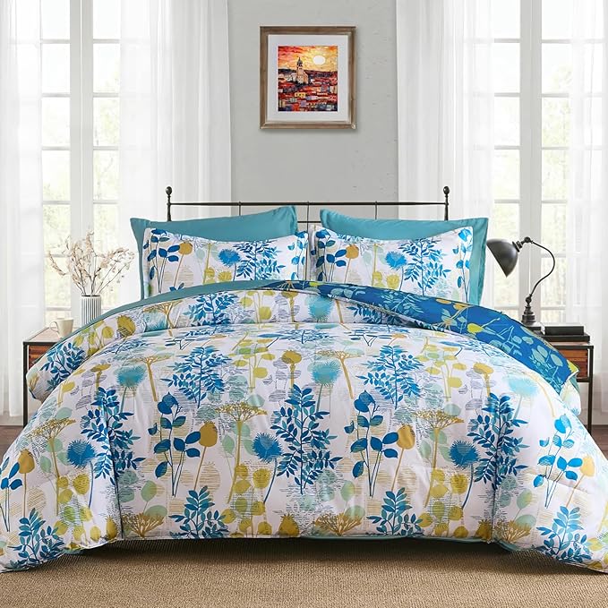 Anibedding 7Pieces King Size Comforter Set, Blue Yellow Botanical Bed in a Bag Complete Set with Sheet Pillowcase for Bedroom All Season