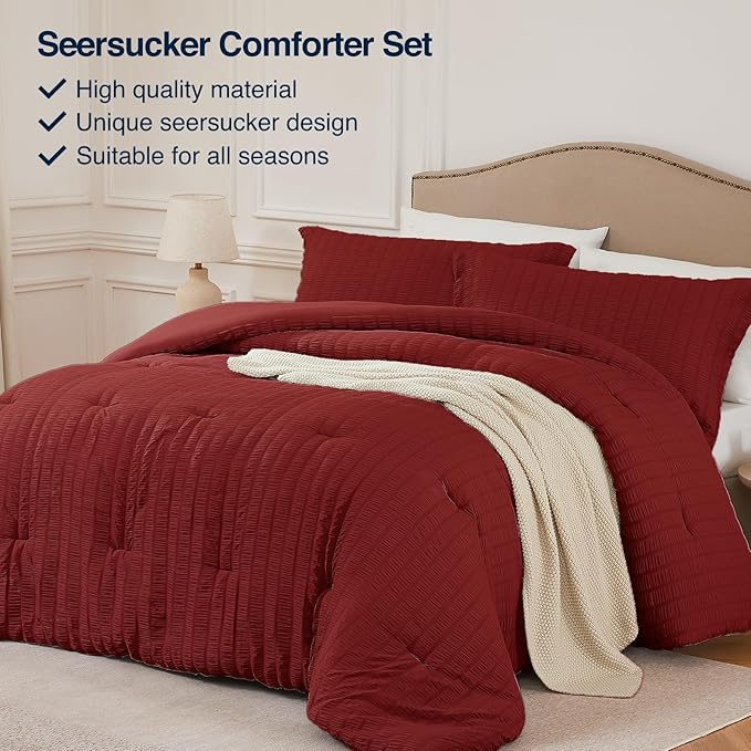 Full Size Comforter Set Dark Red,3PCS Seersucker Lightweight Bedding Comforter for All Season, Full Size(82''×86'' Comforter & 2 Pillowcases)